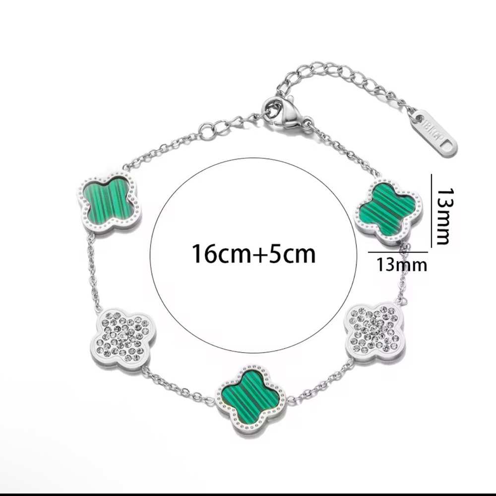 Green Clover Stainless Steel White Gold Plated Bracelet 7” + Extender